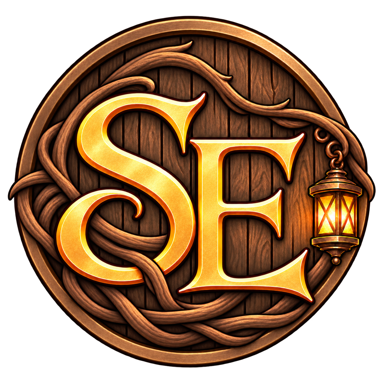 Sojourn’s End emblem: golden SE letters on wood, framed by branches and a glowing lantern.